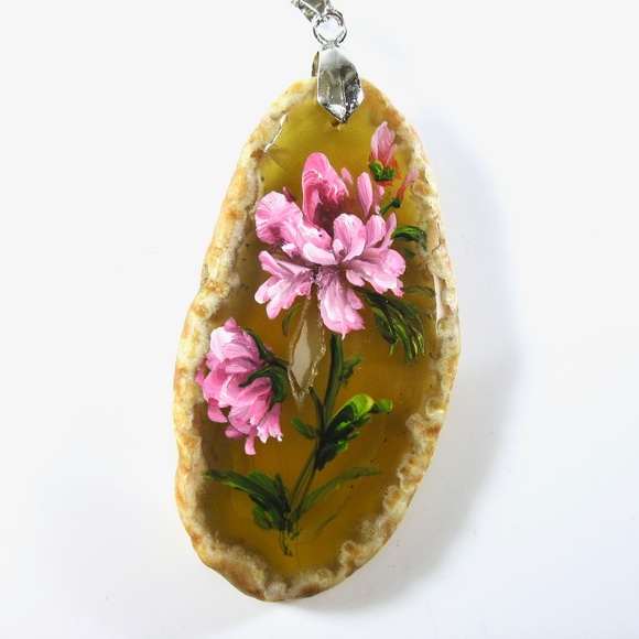 Agate Necklace, Hand-Painted Pendant, Floral - Picture 2 of 6